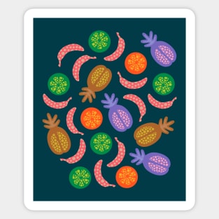 TROPICAL FRUITS WITH LOTSA DOTS in Earthy Brights on Dark Teal - UnBlink Studio by Jackie Tahara Sticker